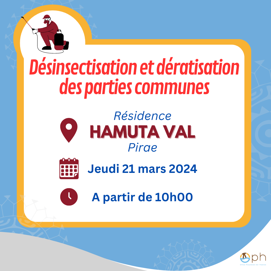 Information Locataires - Traitement de désinsectisation et dératisation, jeudi 21 mars 2024